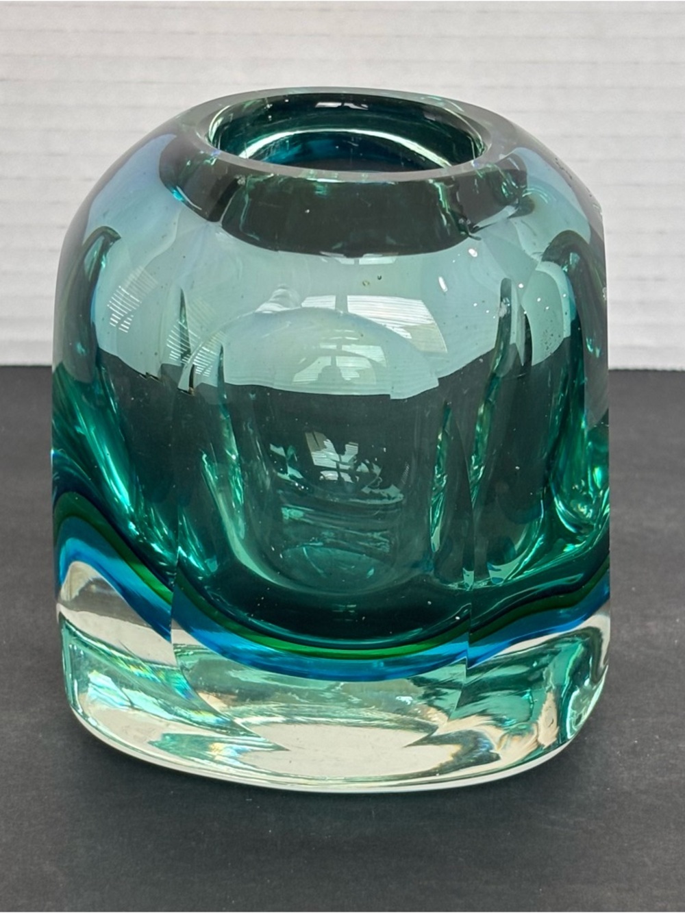 Murano Style Sommerso Art Glass Vase/Candle Teal Blue Heavy Glass Hand Blown4.5” - Picture 3 of 15